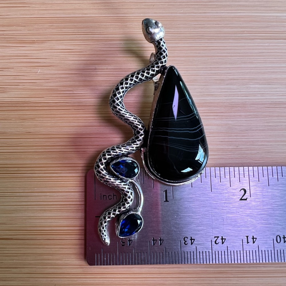 Banded Black Agate Silver Snake Pendant - Picture 6 of 7